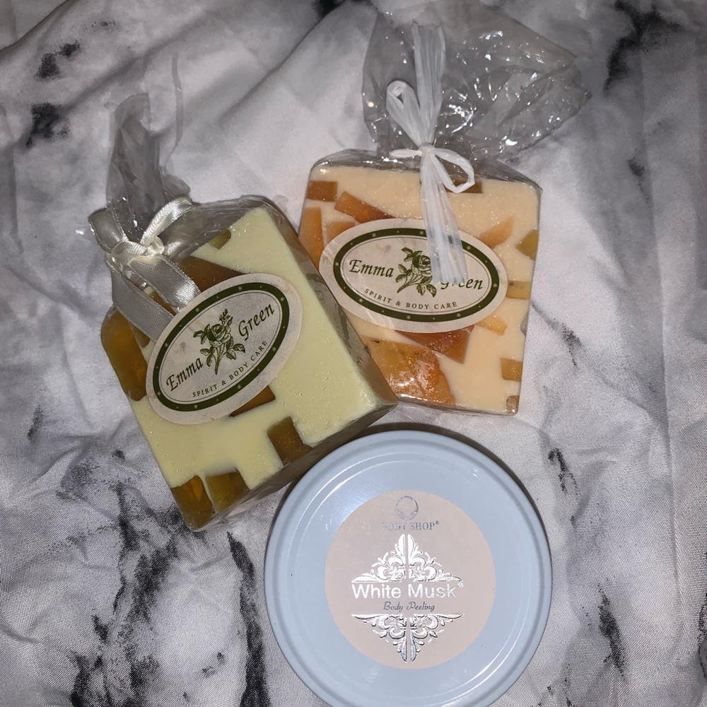 Body Shop & Emma green. hand soap. white musk body peeling crème
